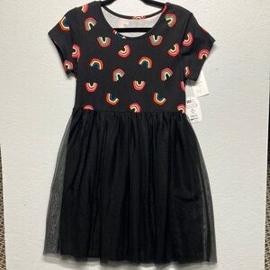 Girls' Rainbow Print Dress with Tulle Skirt
